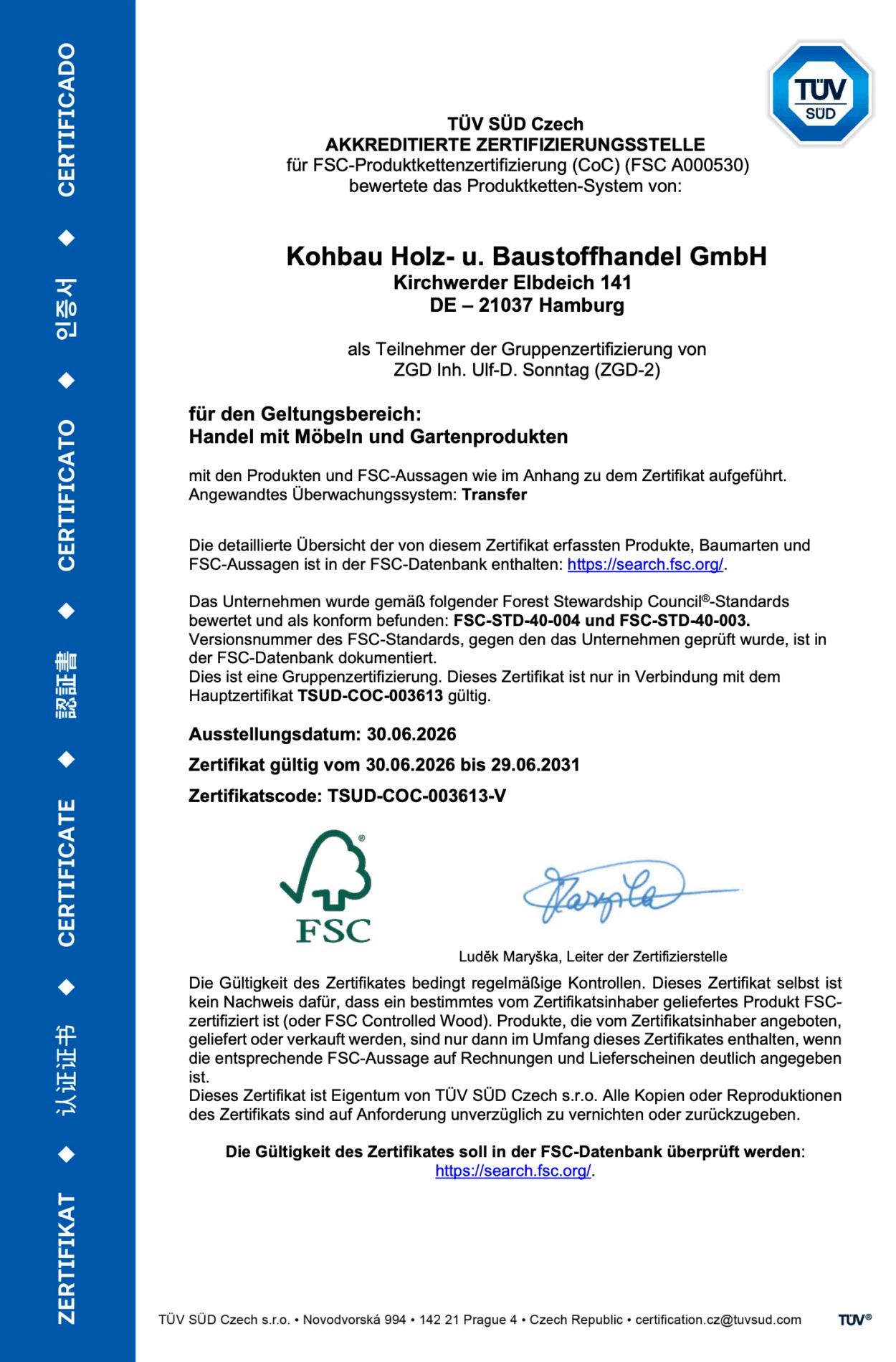 FSC-Zertifikat_Kohbau Holz- u Baustoffhandel GmbH